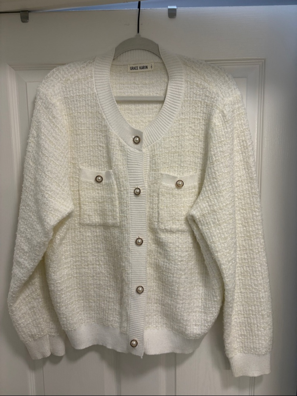 Grace Karin Ivory Bouclé Pearl-Button Cardigan